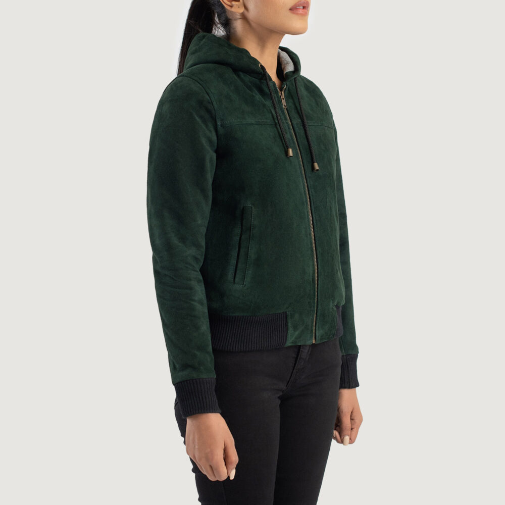 Bella Green Hooded Real Leather Suede Bomber Jacket