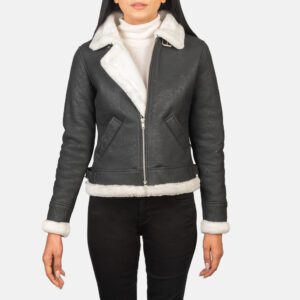 Women's+Sherilyn+B-3+Black+&+White+Leather+Bomber+Jacket+Open+Front-4-