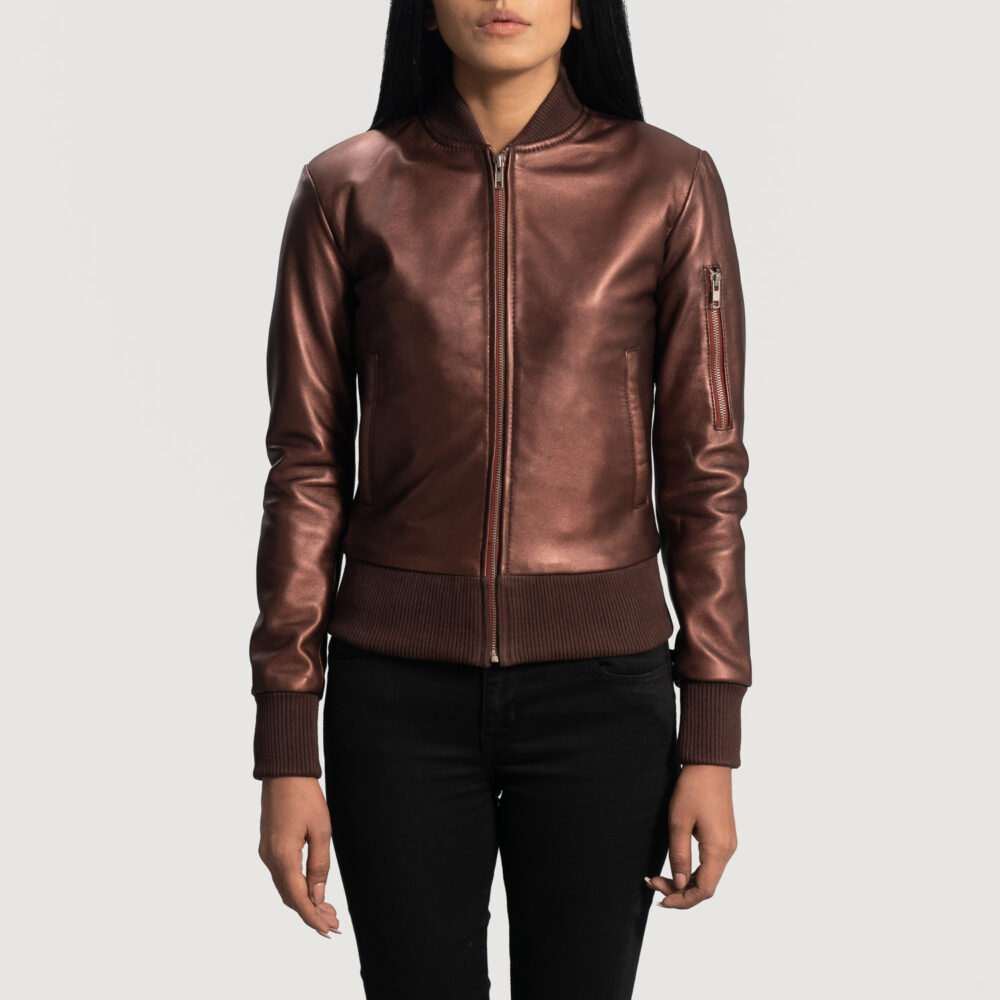 Women's Reida Maroon Leather Bomber Jacket Close Front