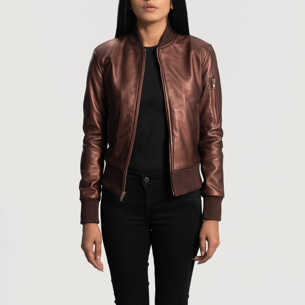 Women's+Reida+Maroon+Leather+Bomber+Jacket+Open+Front-4-