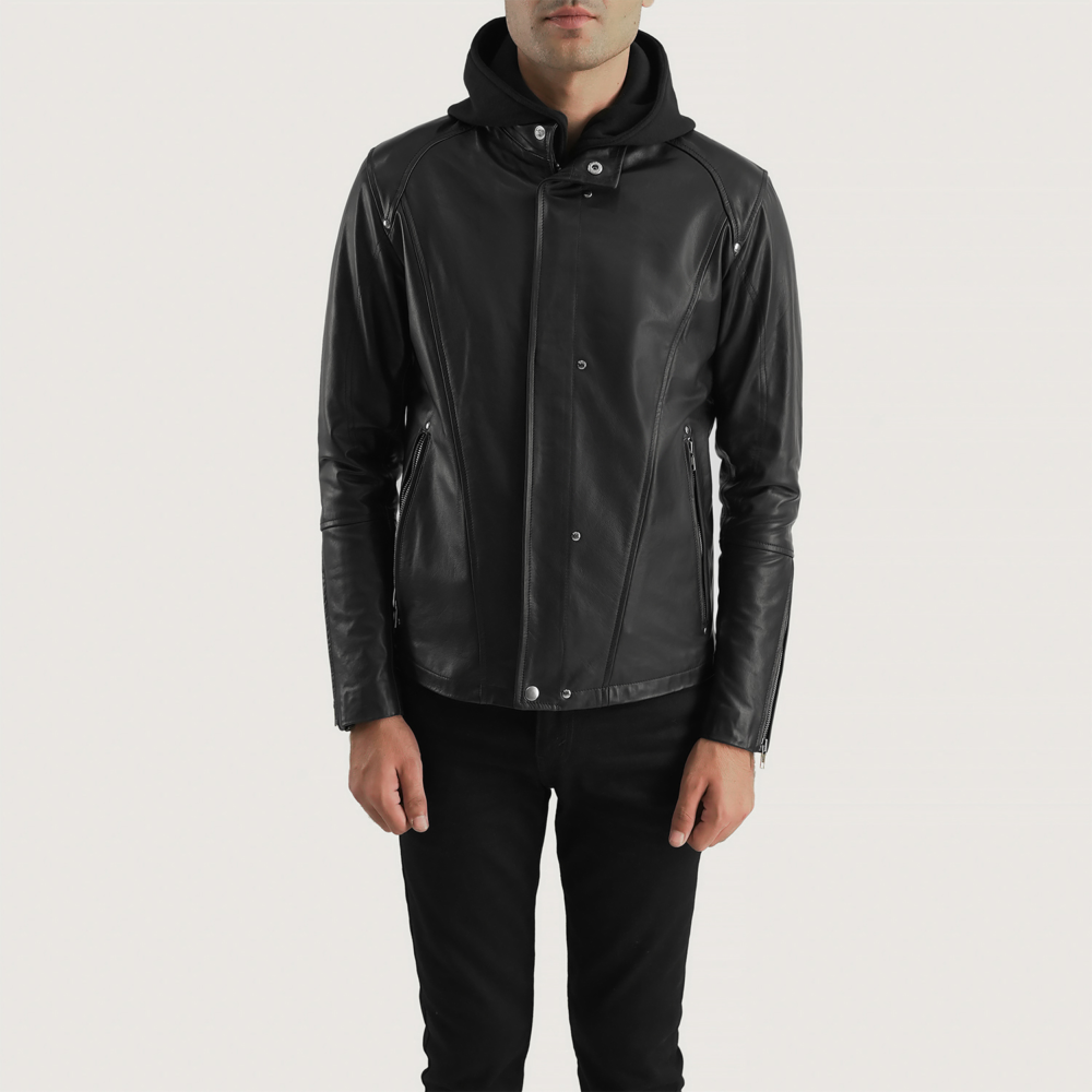 Highschool Black Hooded Real Leather Jacket