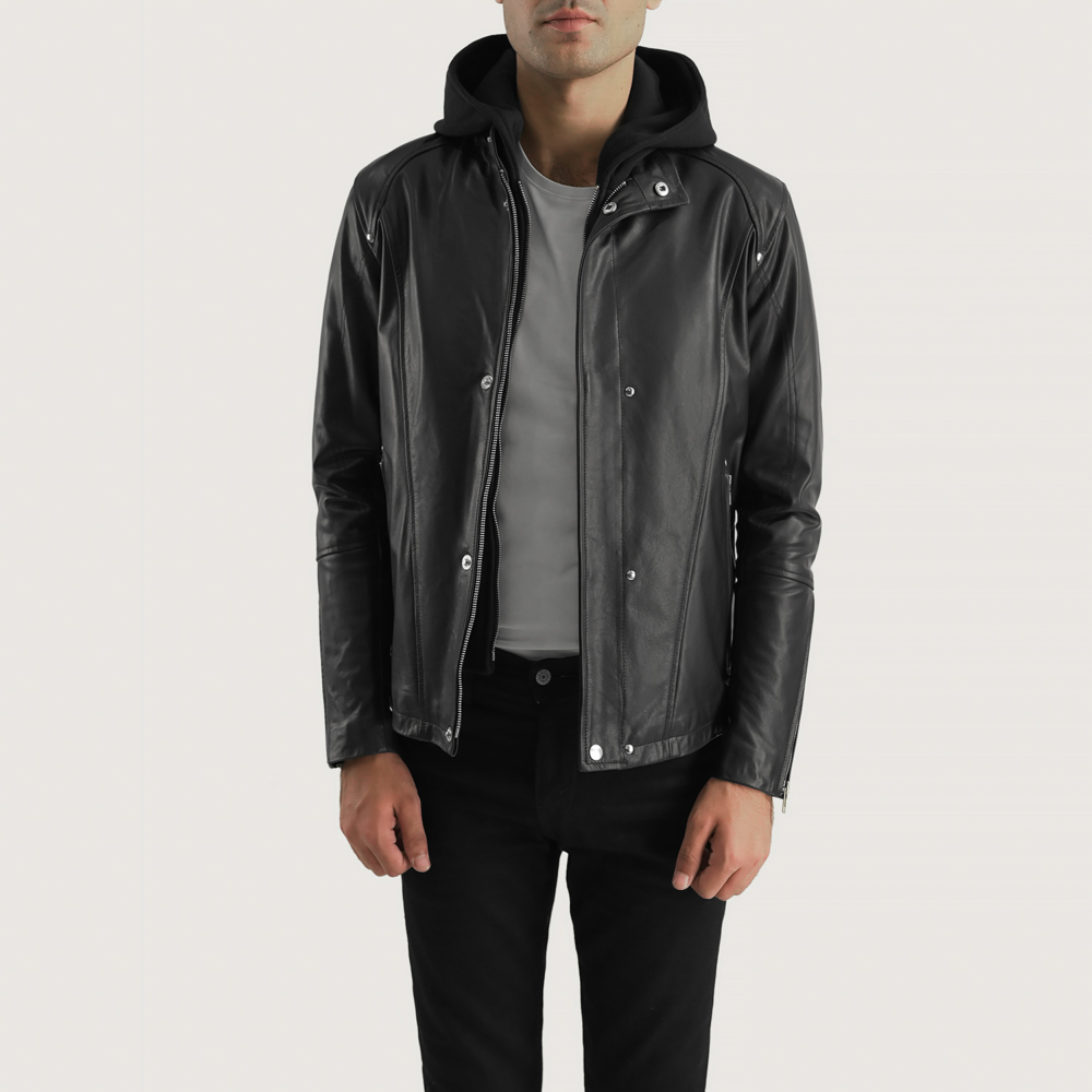 Highschool Black Hooded Real Leather Jacket