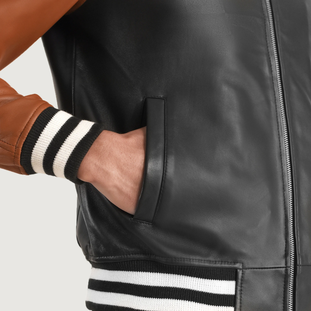Walton Black & Brown Real Leather Varsity Jacket - Image 3
