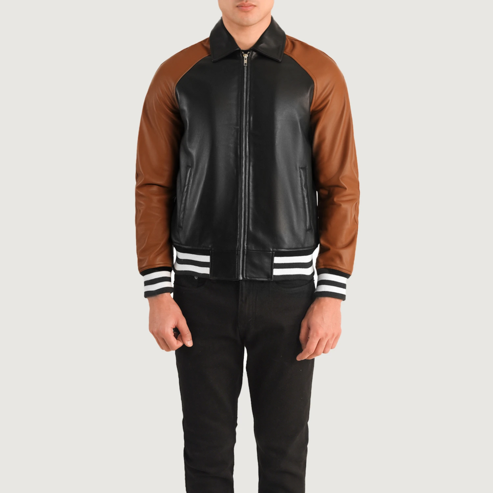 Walton Black & Brown Real Leather Varsity Jacket