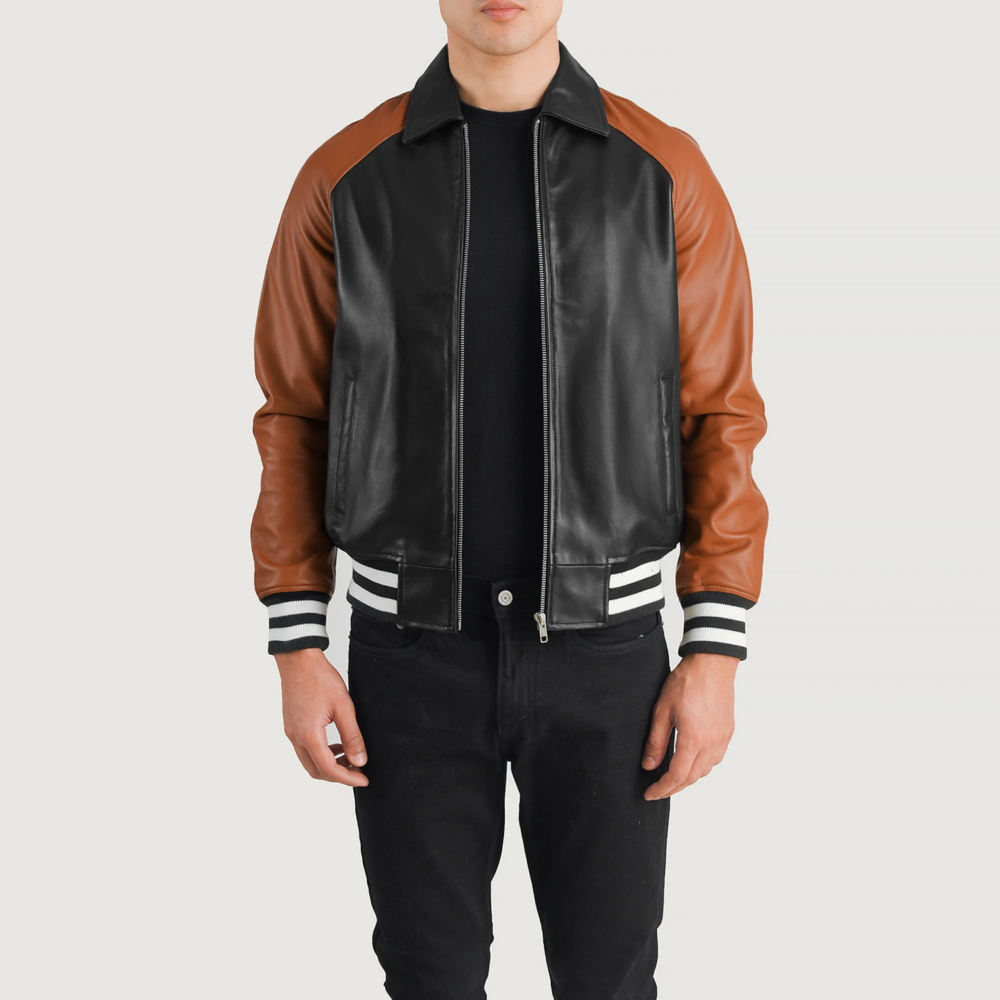 Walton Black & Brown Real Leather Varsity Jacket - Image 2