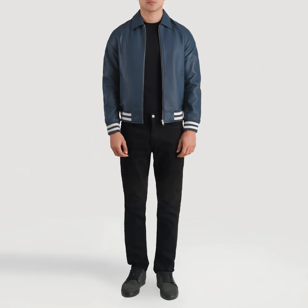 Walton Blue Real Leather Varsity Jacket - Image 6