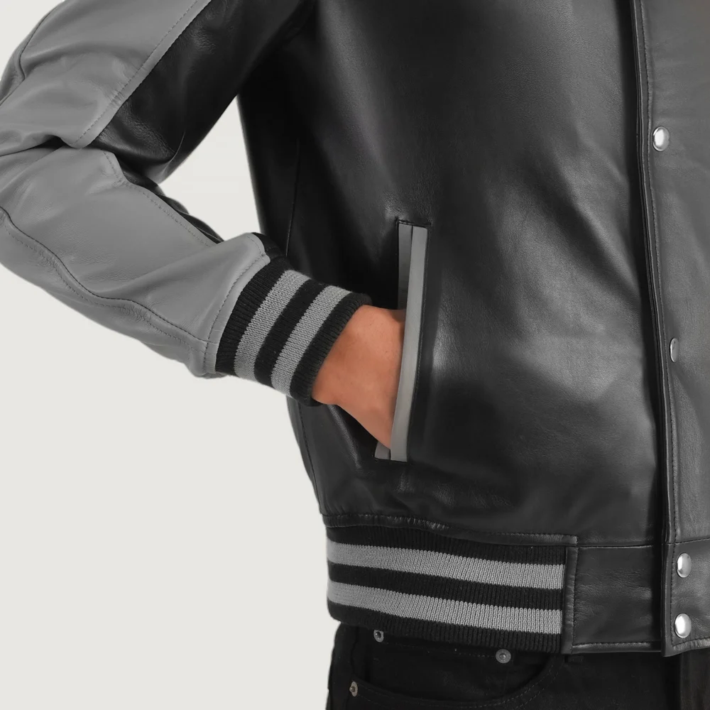 Terrance Black & Grey Real Leather Varsity Jacket - Image 2