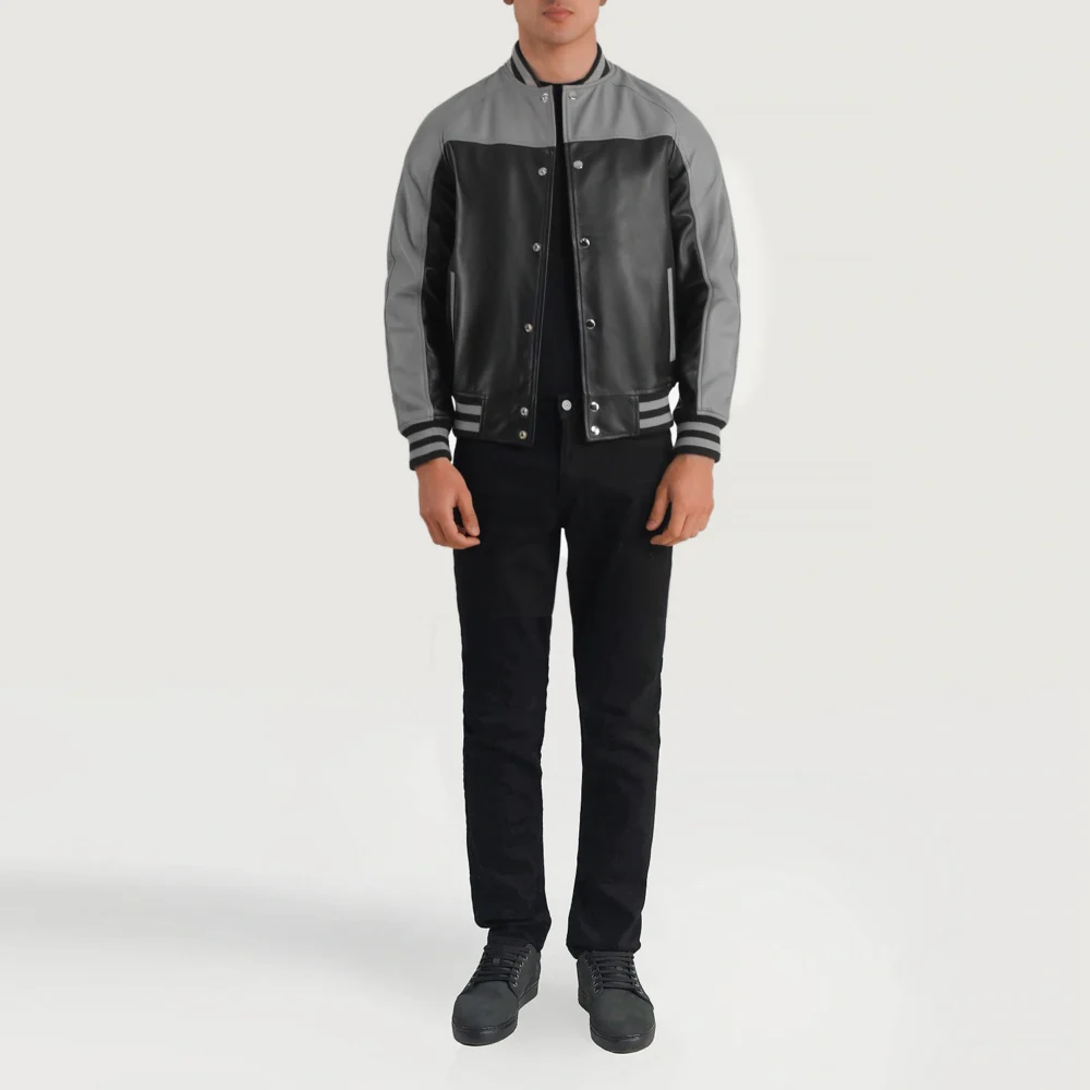 Terrance Black & Grey Real Leather Varsity Jacket - Image 6