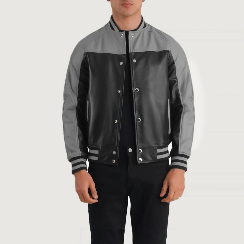 Terrance Black & Grey Real Leather Varsity Jacket - Image 3