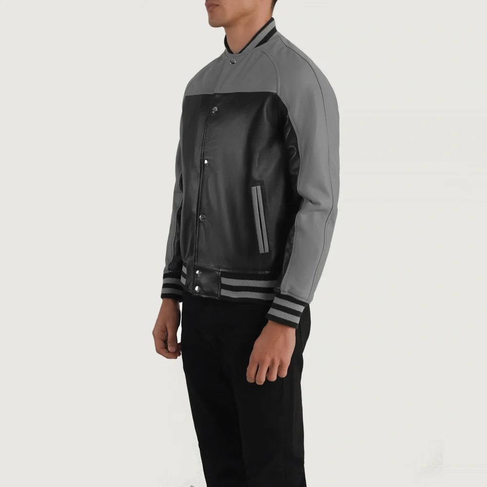 Terrance Black & Grey Real Leather Varsity Jacket - Image 4
