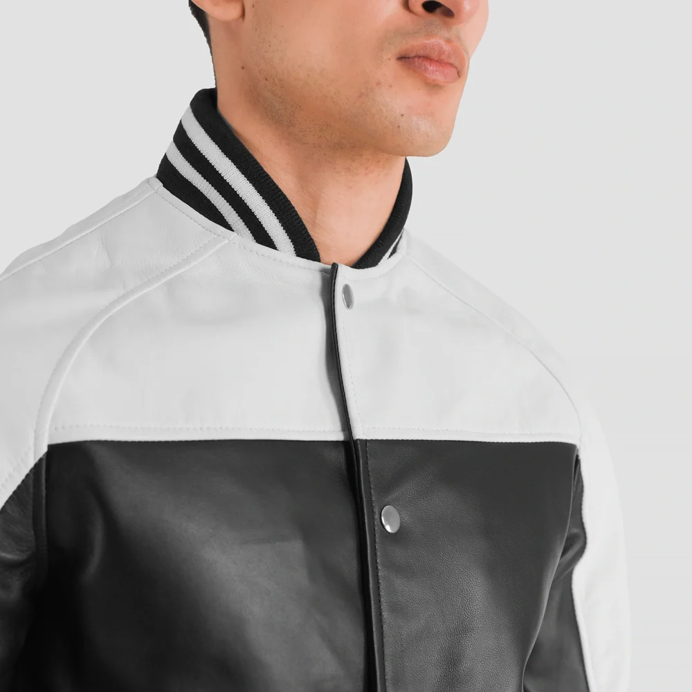 Terrance Black & White Real Leather Varsity Jacket