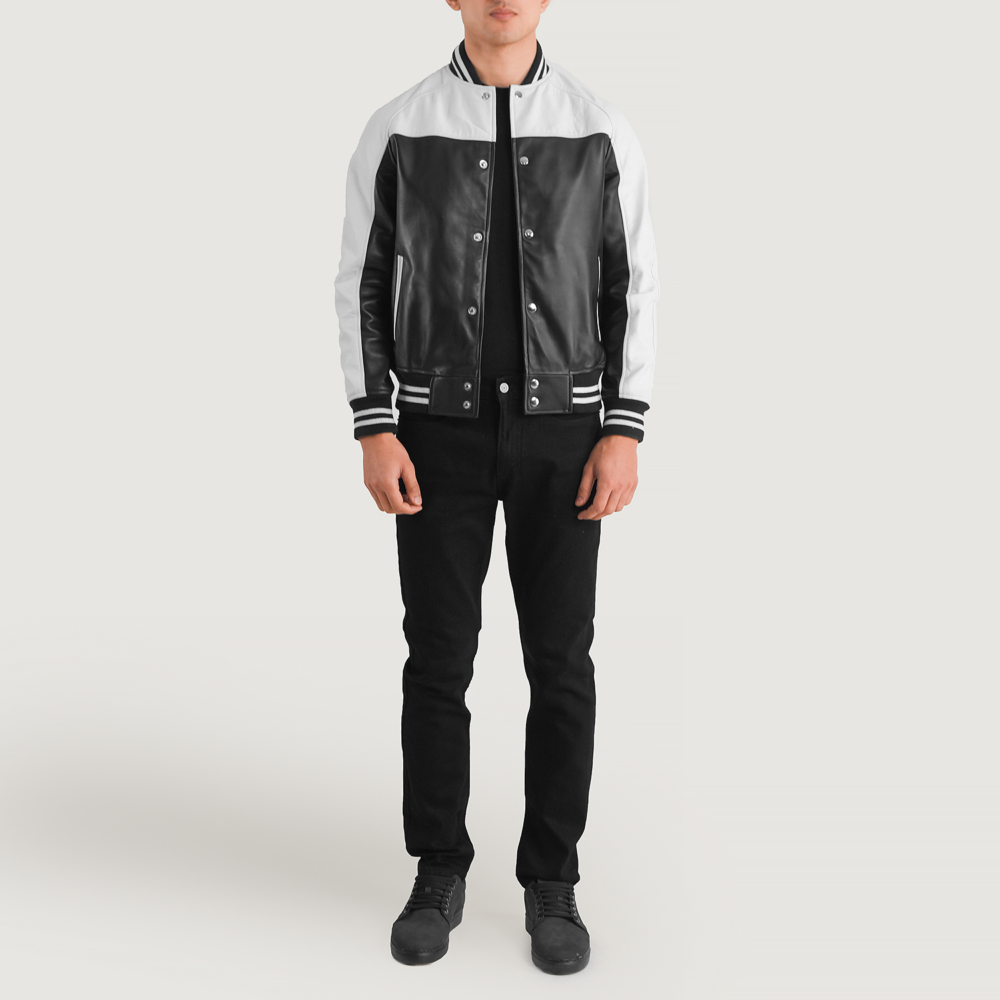 Terrance Black & White Real Leather Varsity Jacket