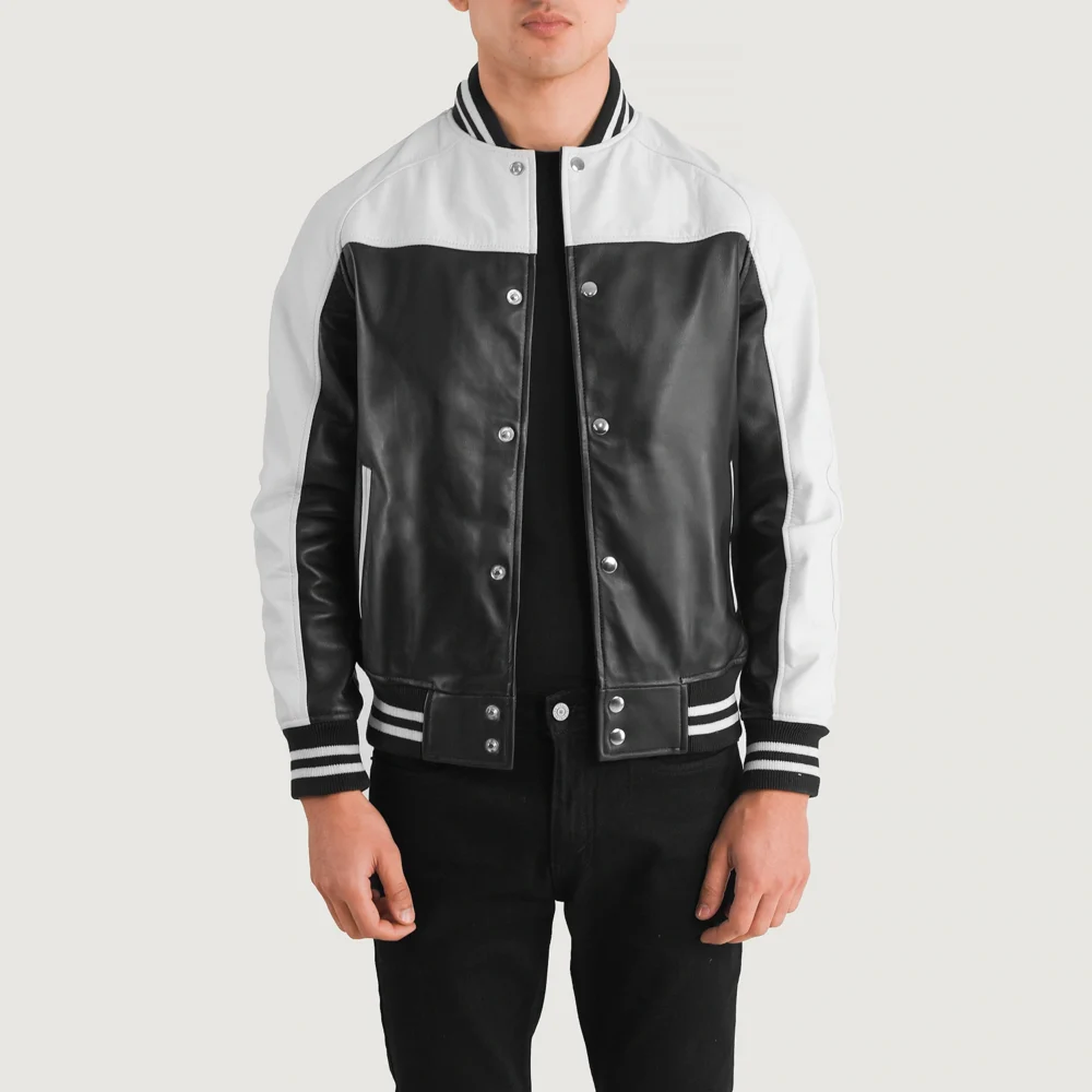 Terrance Black & White Real Leather Varsity Jacket