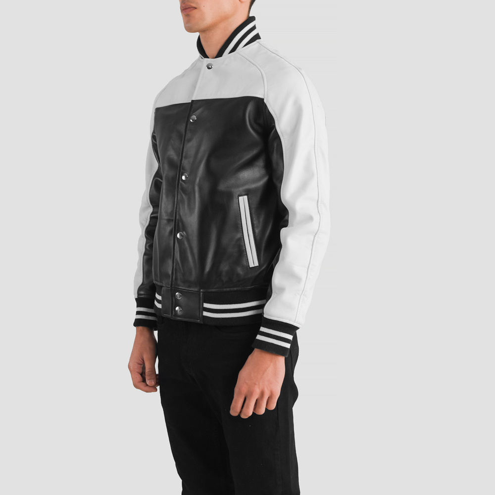 Terrance Black & White Real Leather Varsity Jacket