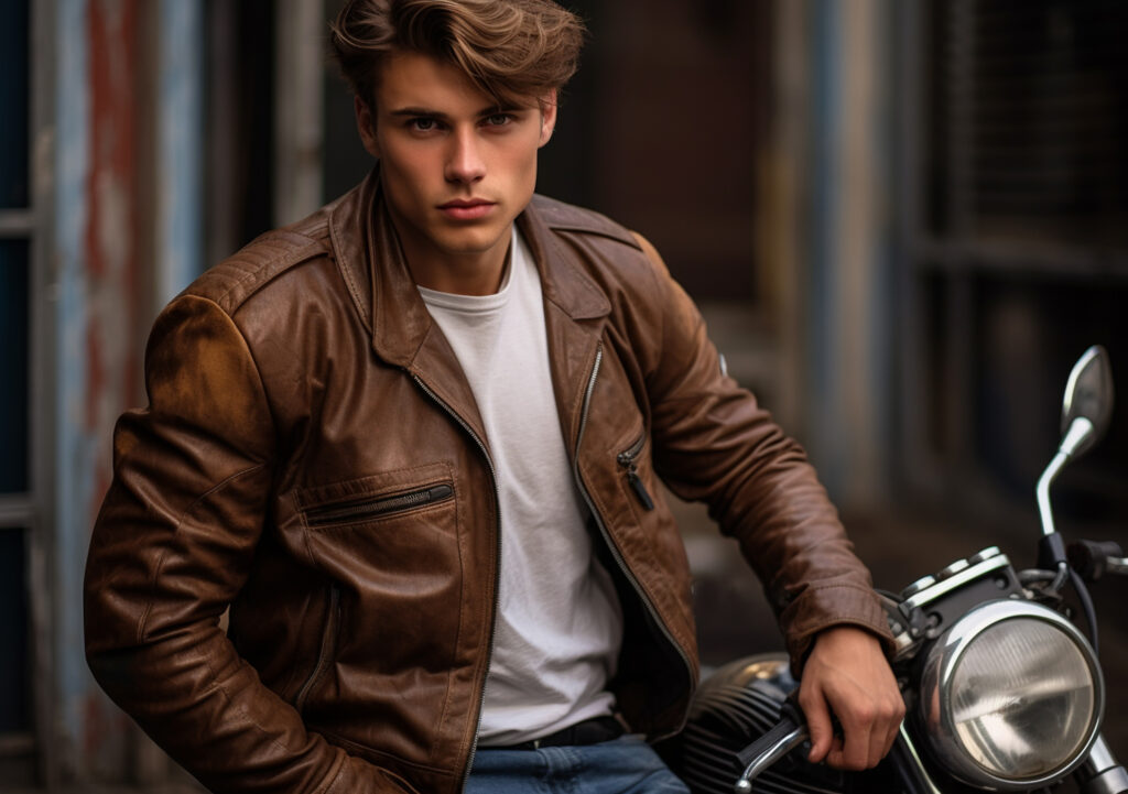 man wearing leather jacket sitting on a motorcycle