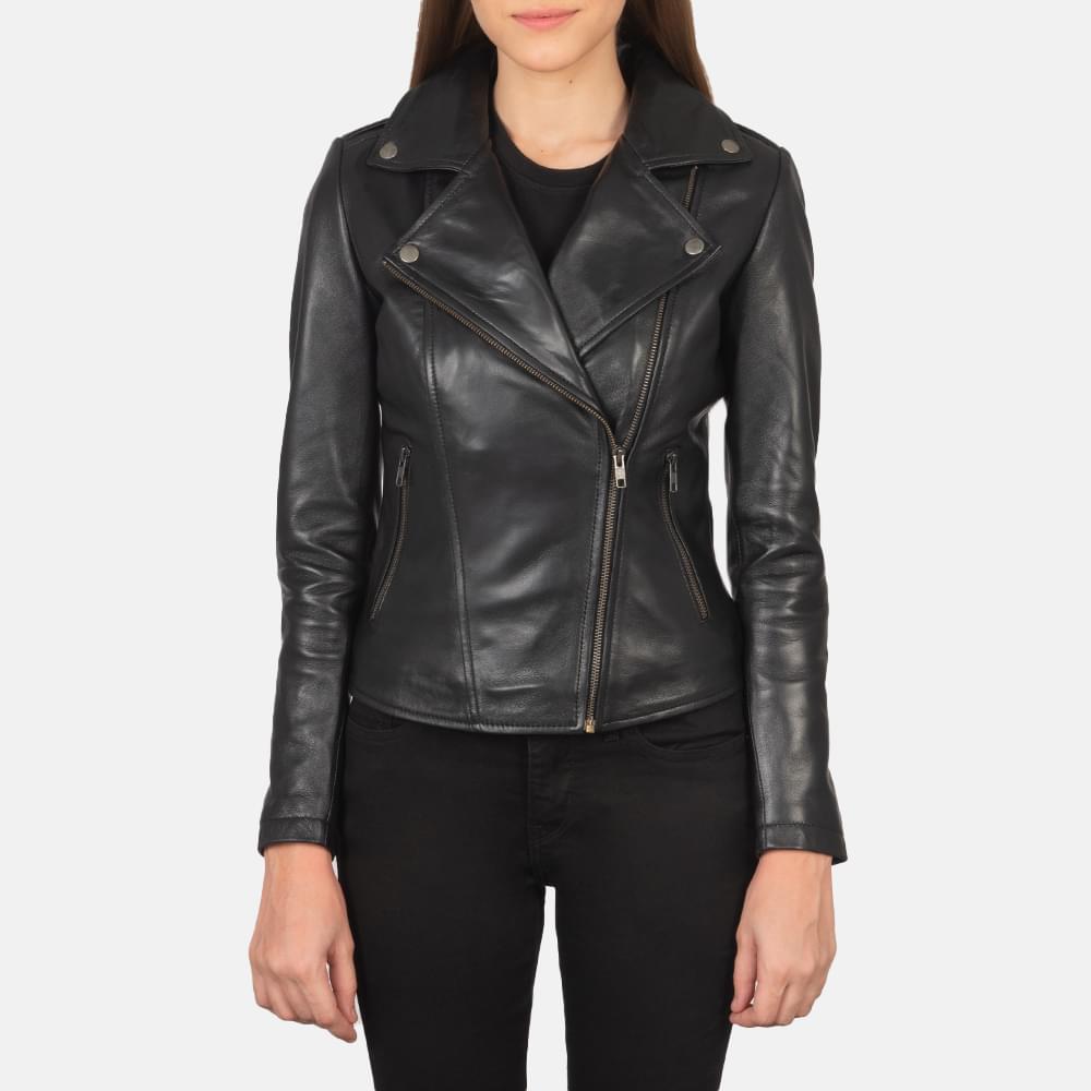 Women's+Flashback+Black+Leather+Biker+Jacket+Close+Front-5