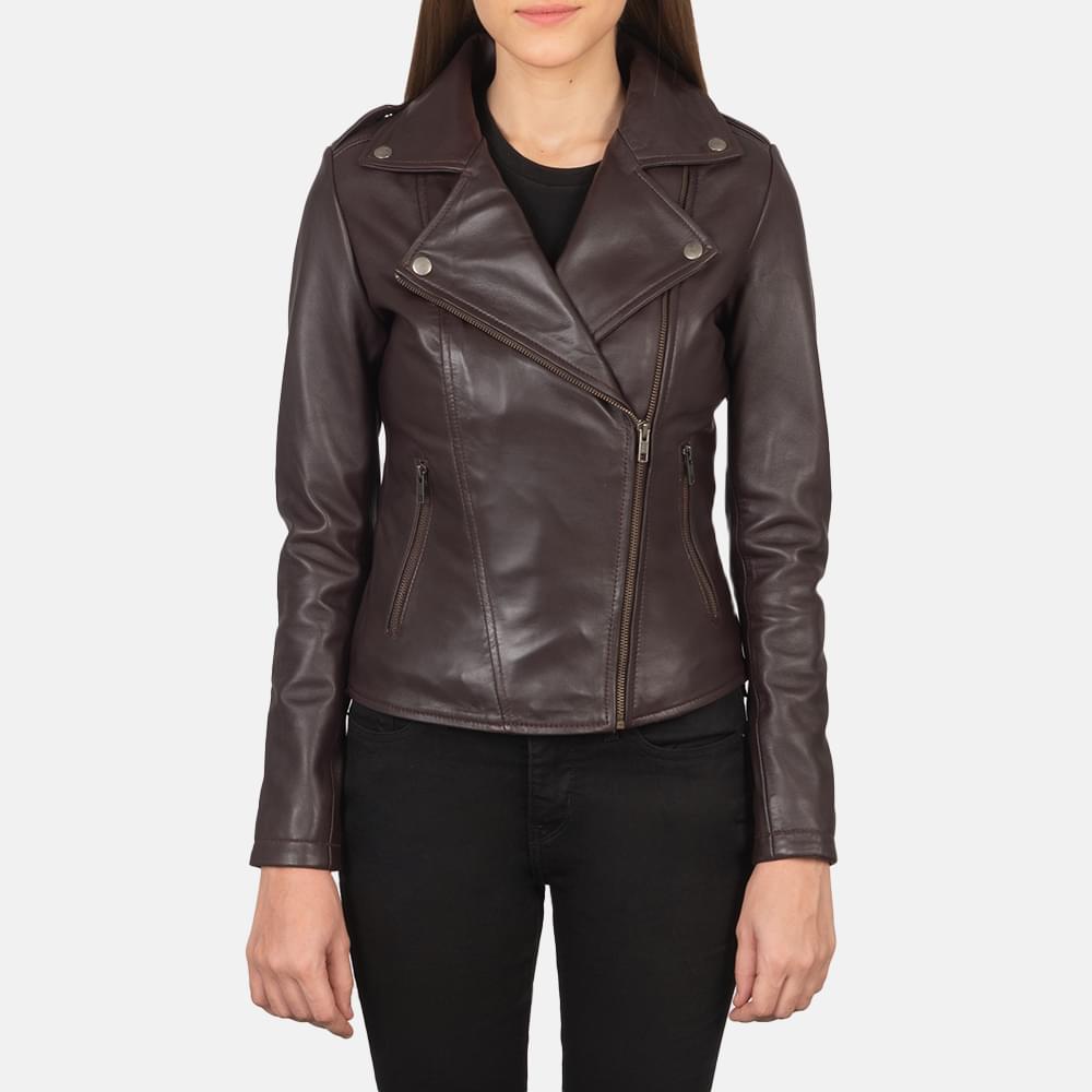 Women's+Flashback+Maroon+Leather+Biker+Jacket+Close+Front-