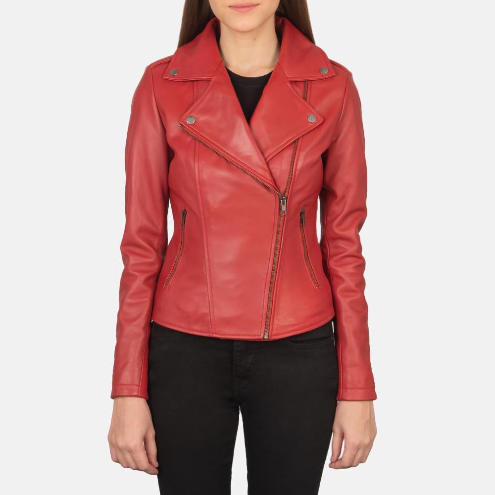 Women's+Flashback+Red+Leather+Biker+Jacket+Close+Front-5