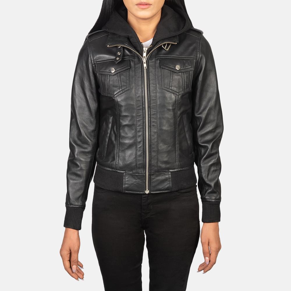 Women's+Roslyn+Black+Hooded+Leather+Bomber+Jacket+Close+Front-5
