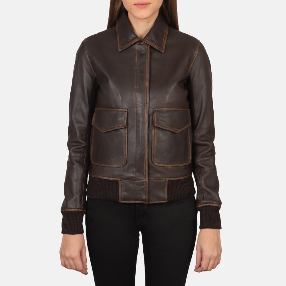 Women's+Westa+A-2+Brown+Leather+Bomber+Jacket+Close+Front-5