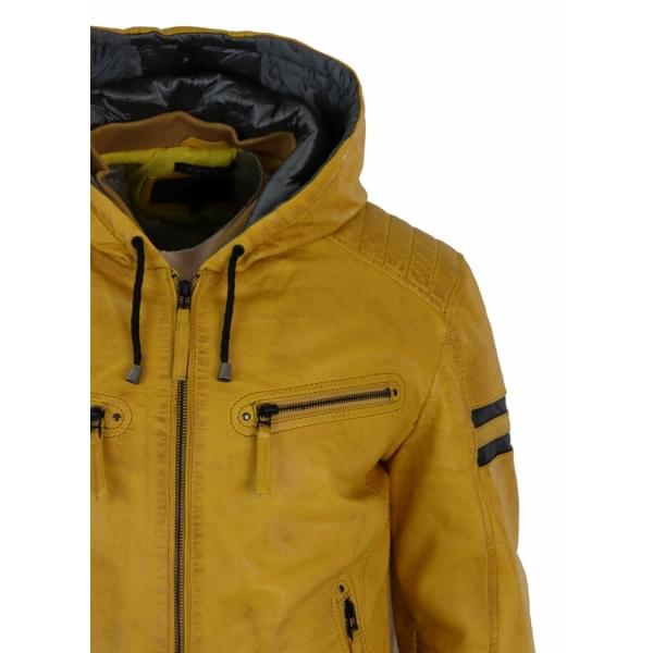 Men’s Real Leather Bomber Hood-Yellow - Image 3
