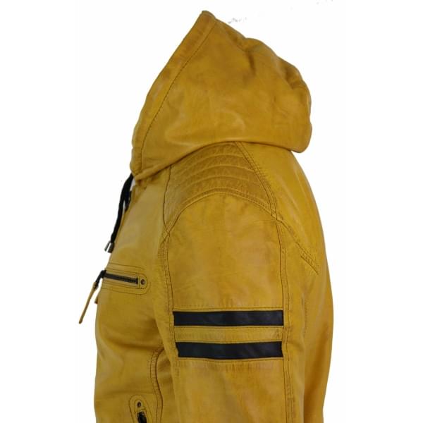 Men’s Real Leather Bomber Hood-Yellow - Image 4
