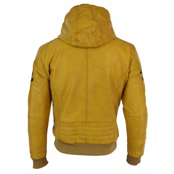 Men’s Real Leather Bomber Hood-Yellow - Image 5