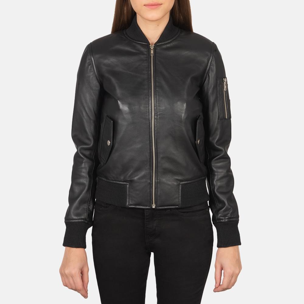 Women's+Ava+Maa-1+Black+Leather+Bomber+Jacket+Close+Front-5