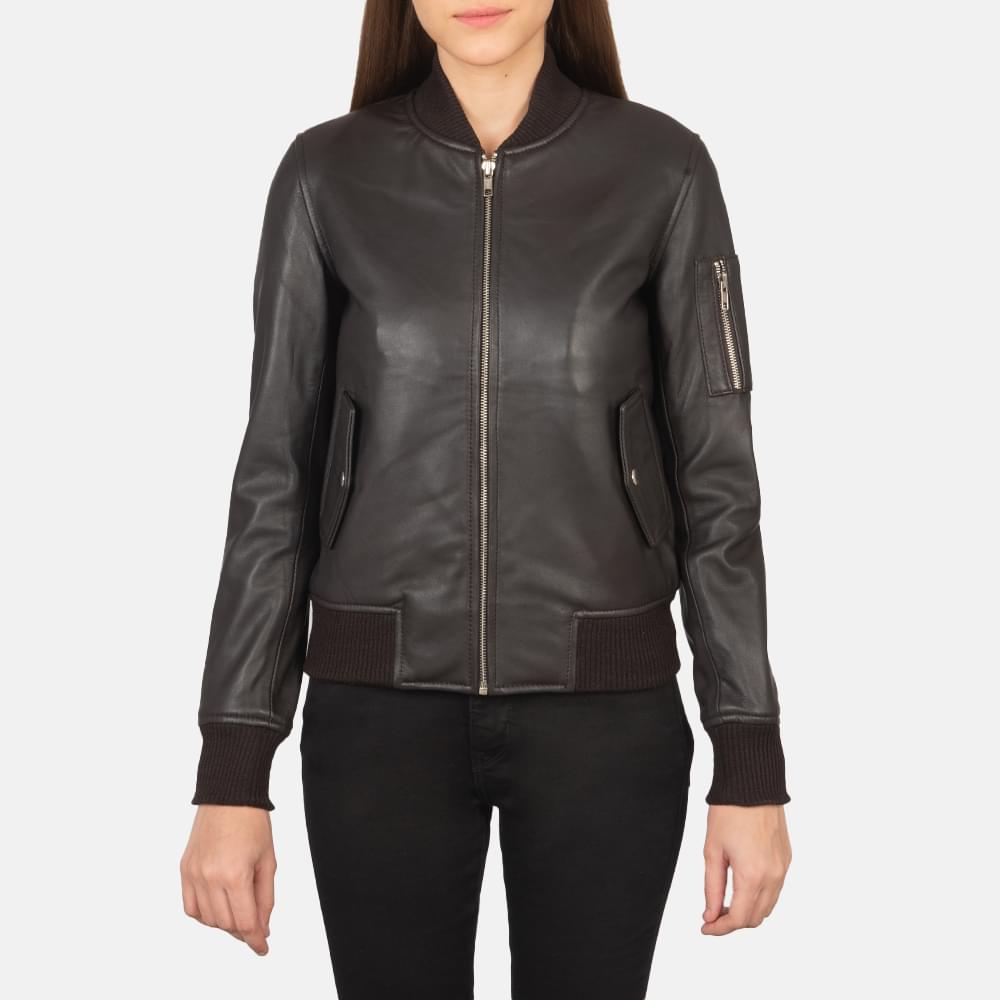 Women's+Ava+Maa-1+Brown+Leather+Bomber+Jacket+Close+Front-5
