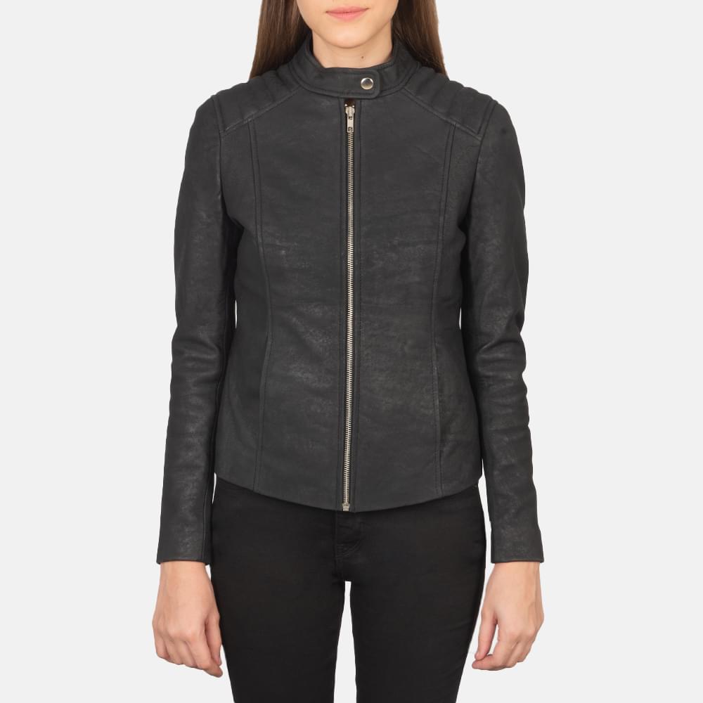 Women's+Kee+Distressed+Black+Leather+Biker+Jacket+Close+Front-5