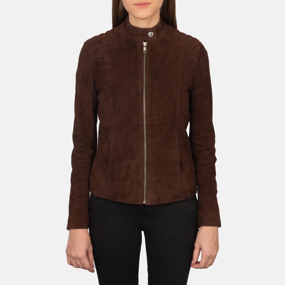Women's+Kee+Mocha+Suede+Biker+Jacket+Close+Front-5
