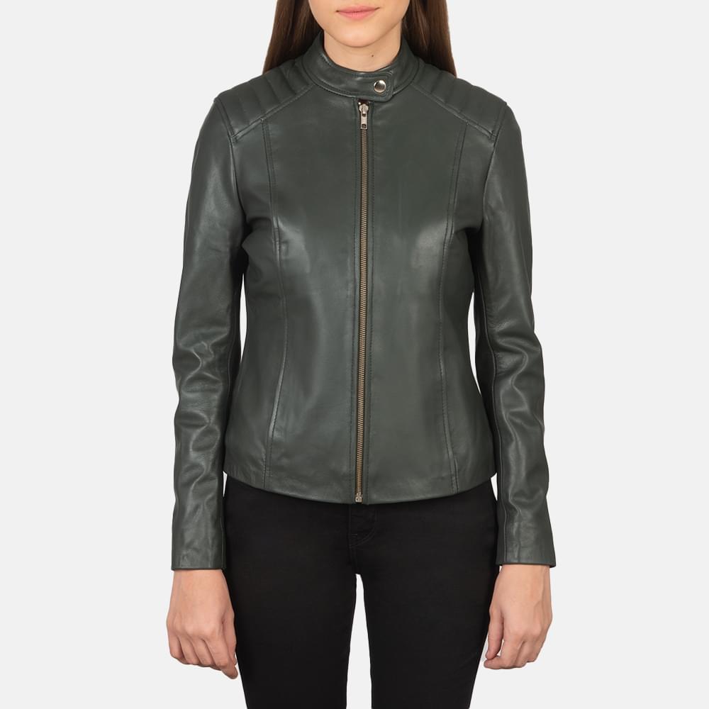 Women's+Kelsee+Green+Leather+Biker+Jacket+Close+Front-5