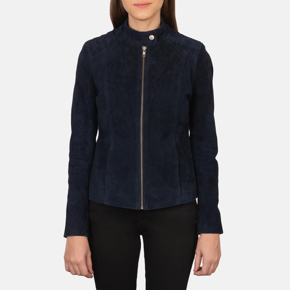 Women's+Kee+Navy+Blue+Suede+Biker+Jacket+Close+Front-5