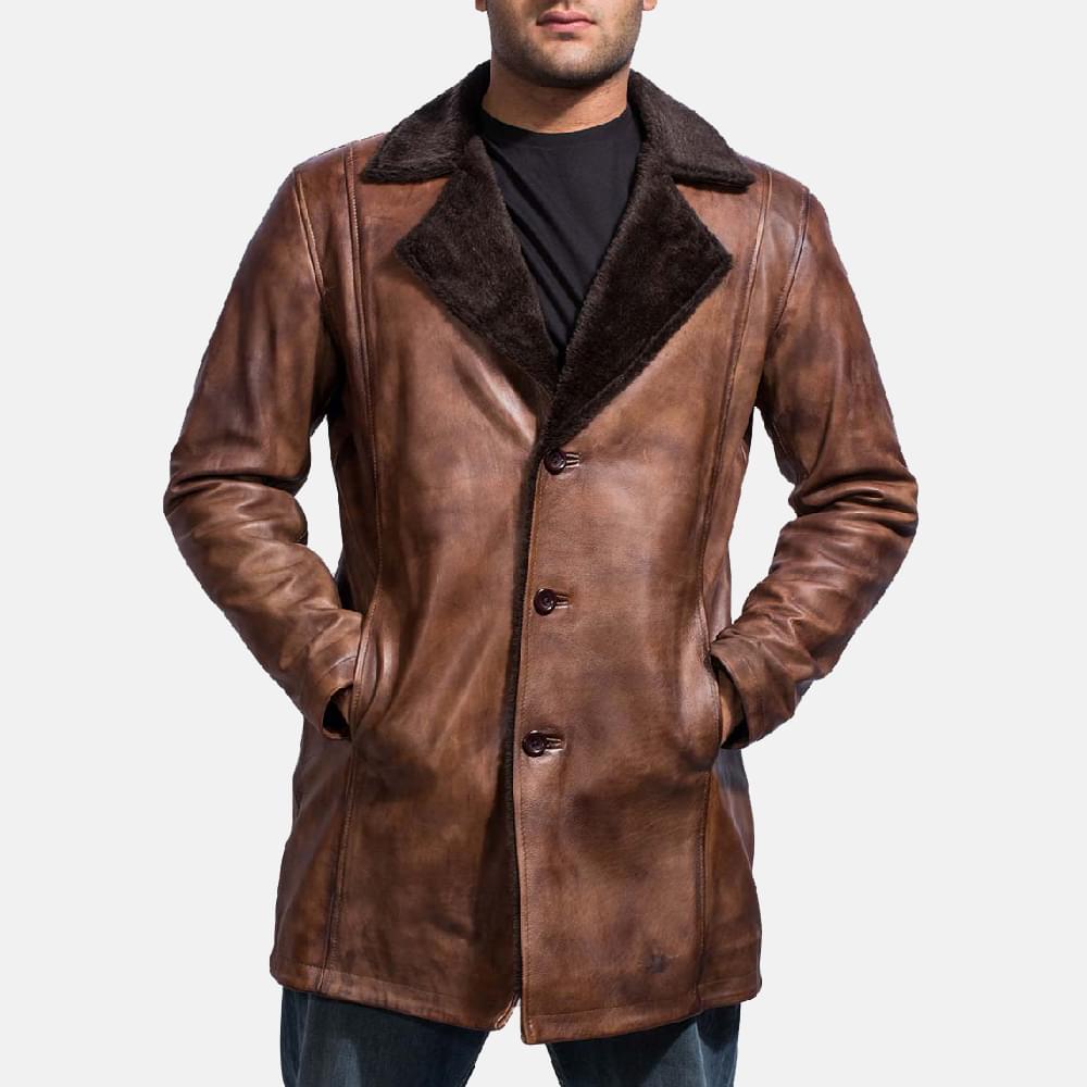 Mens Cinnamon Distressed Leather Fur Coat 3-