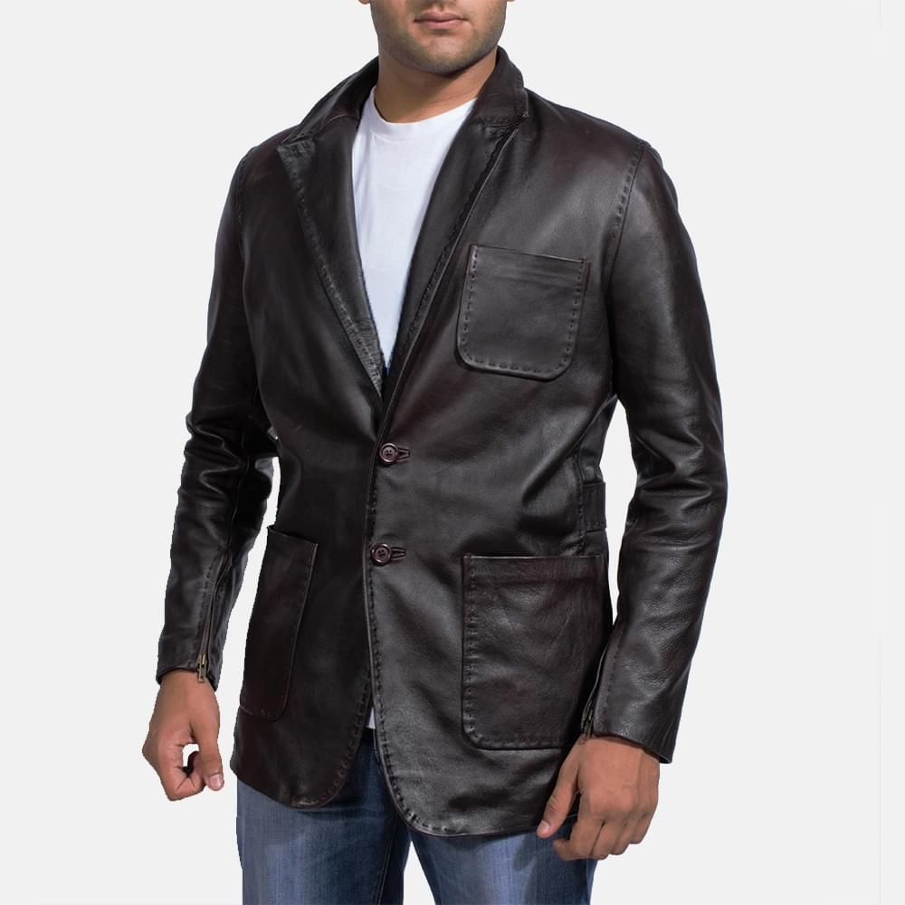 Mens Wine Black Leather Blazer 2-