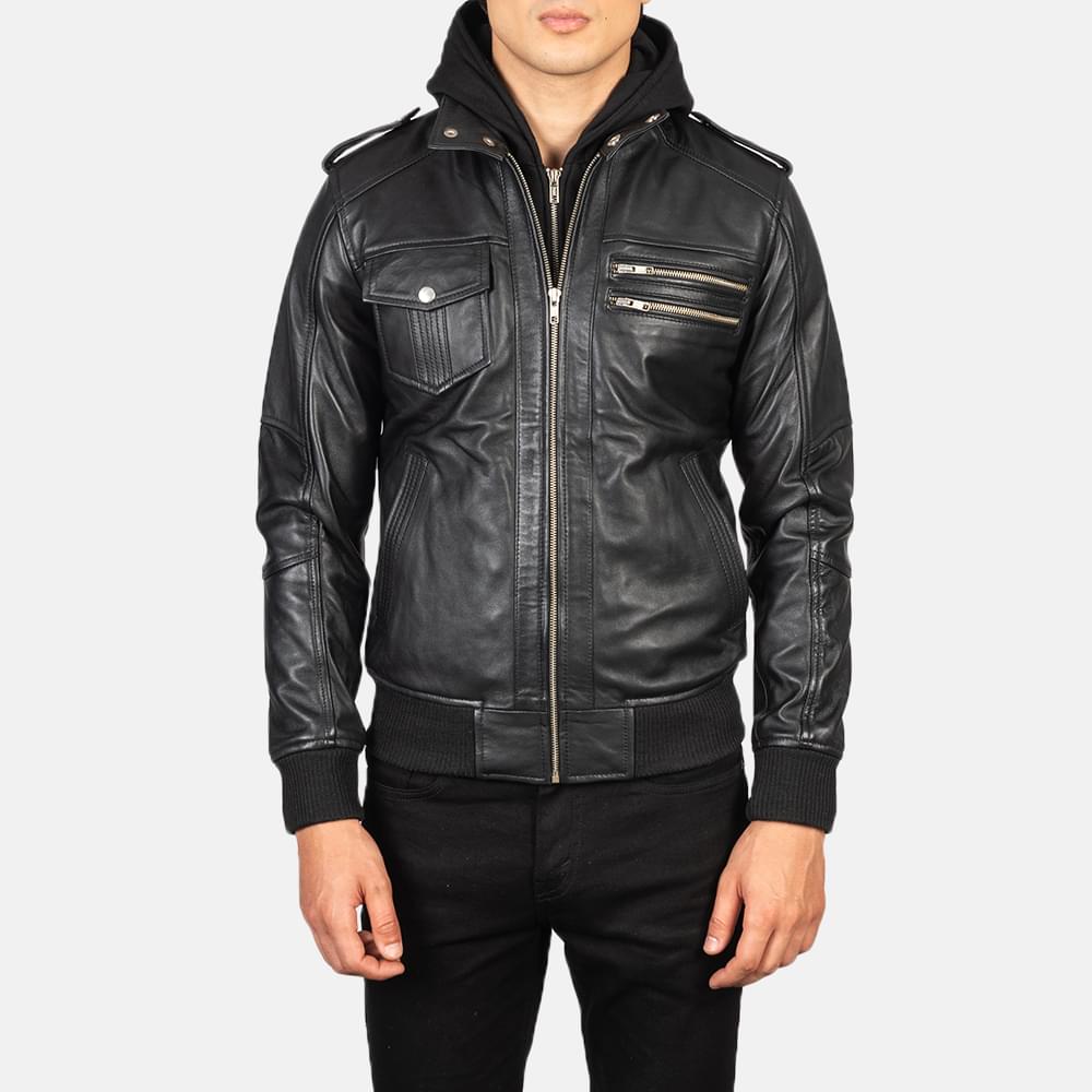 Men's+Bravado+Black+Hooded+Leather+Bomber+Jacket+Close+Front-5-