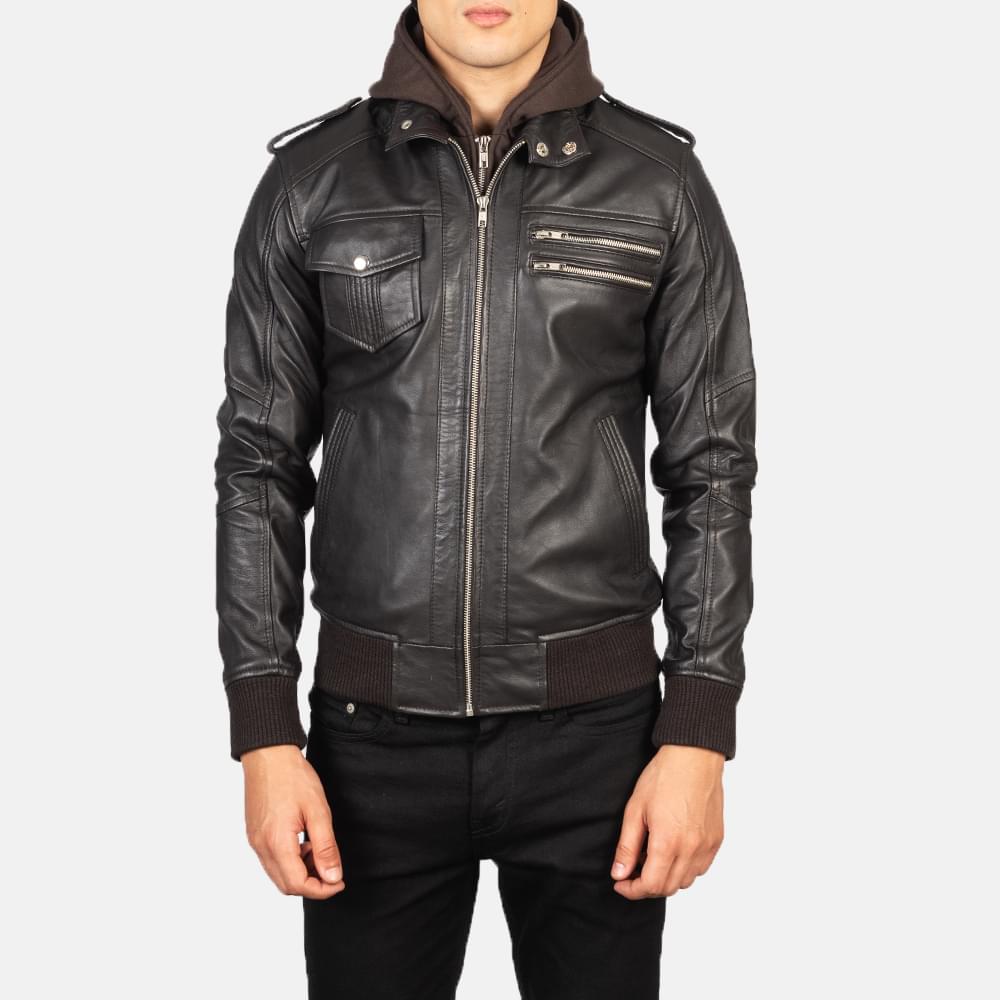 Men's+Bravado+Brown+Hooded+Leather+Bomber+Jacket+Close+Front-5-