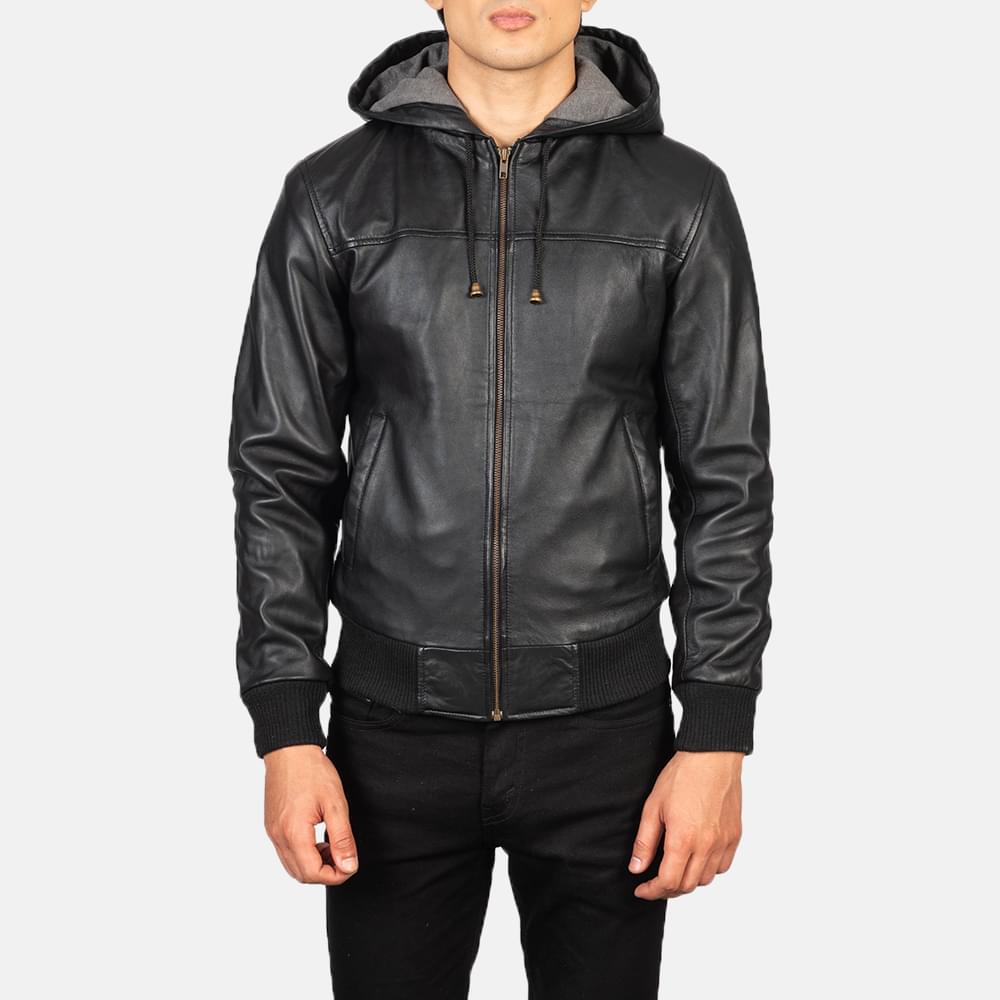 Men's+Nintenzo+Black+Hooded+Leather+Jacket+Close+Front-5-