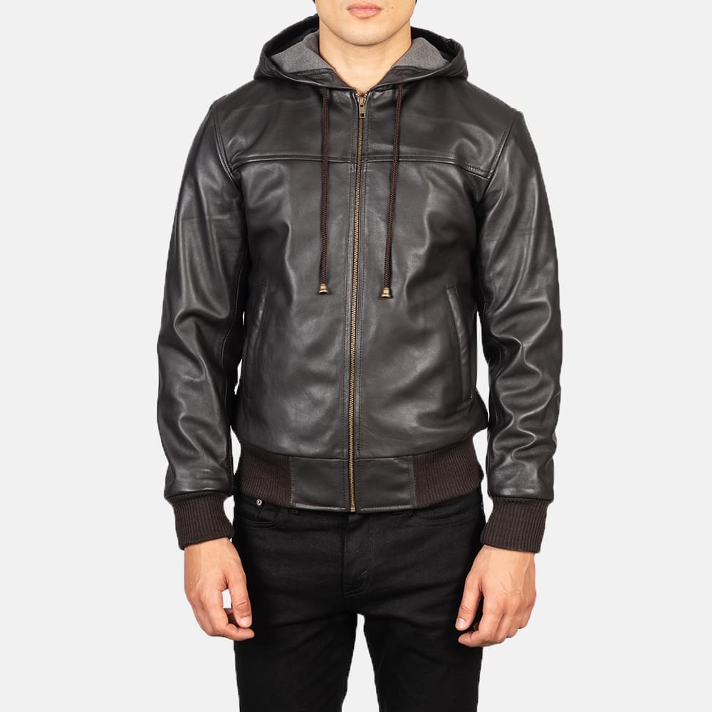 Men's+Nintenzo+Brown+Hooded+Leather+Jacket+Close+Front-5-