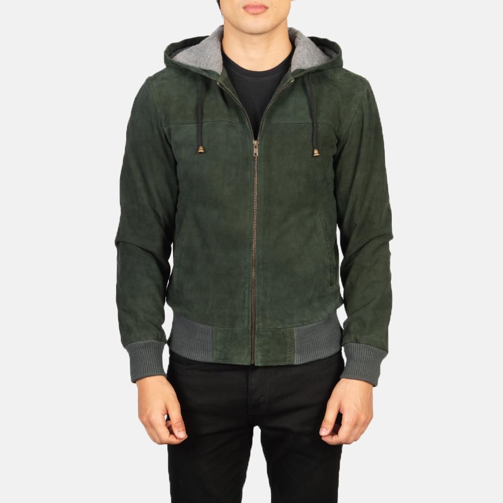 Men's+Nintenzo+Green+Hooded+Suede+Jacket+Close+Front-5-
