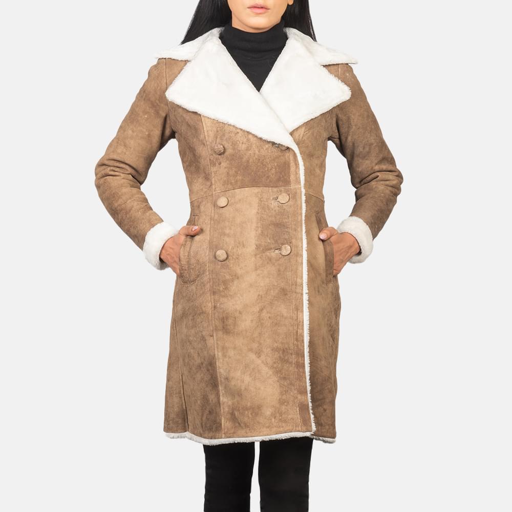 Women's+Amie+Distressed+Brown+Double+Breasted+Shearling+Coat+Open+Front-4-