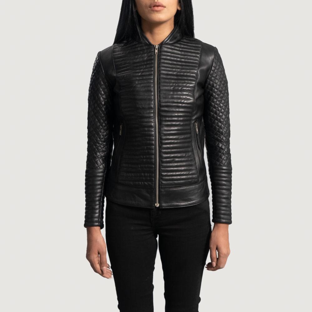Women's+Cityscape+Black+Leather+Biker+Jacket+Close+Front-5-