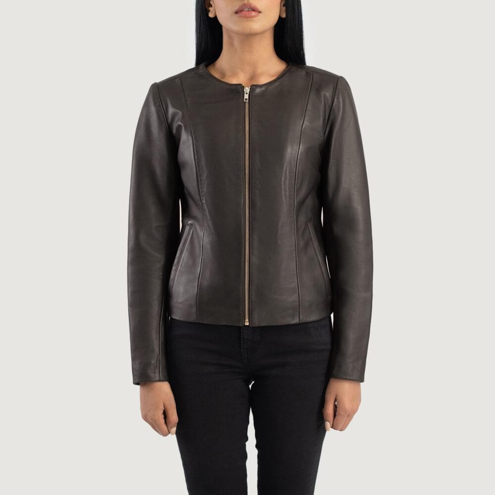 Women's+Elixir+Brown+Collarless+Leather+Jacket+Close+Front-5-