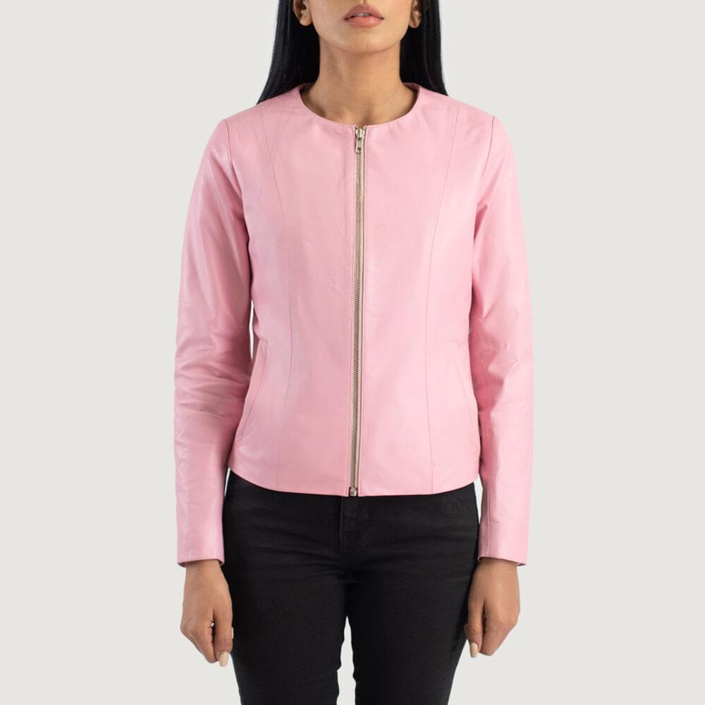 Women's+Elixir+Pink+Collarless+Leather+Jacket+Close+Front-5-