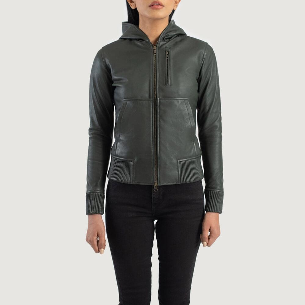 Women's+Luna+Green+Hooded+Leather+Bomber+Jacket+Close+Front-5-