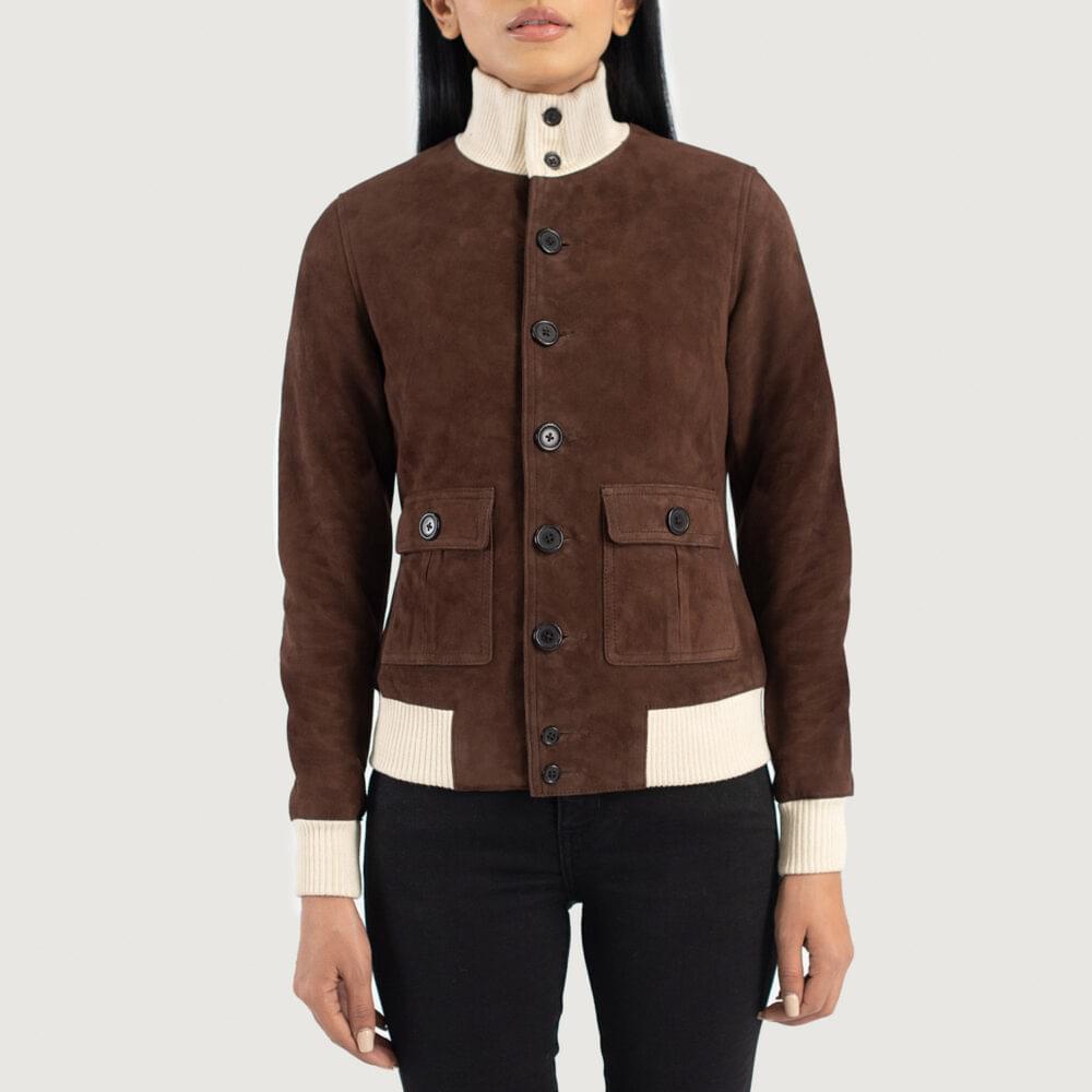 Women's++Sasha+A1+Brown+Suede+Bomber+Jacket+Close+Front-5-