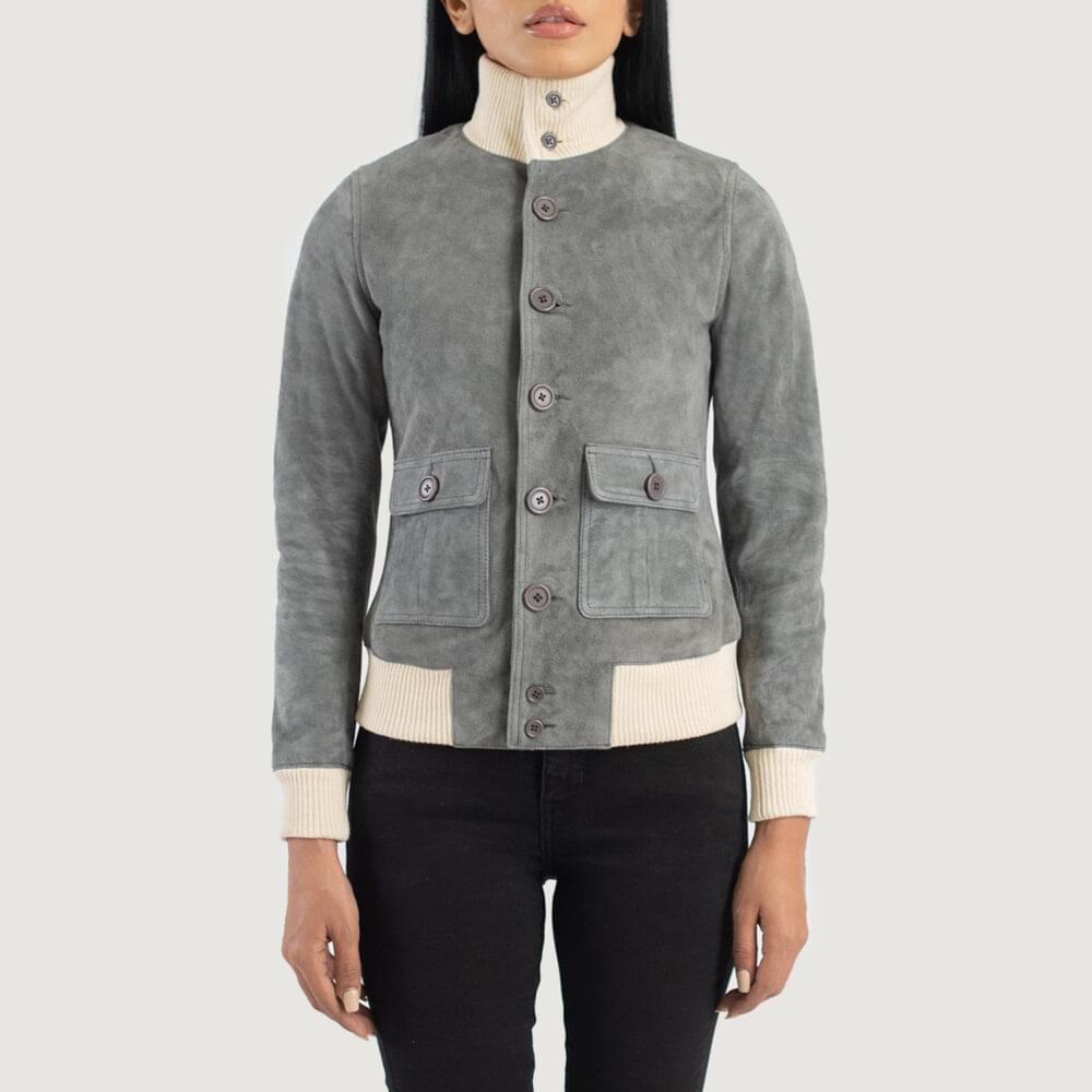 Women's+Sasha+A1+Grey+Suede+Bomber+Jacket+Close+Front-5-
