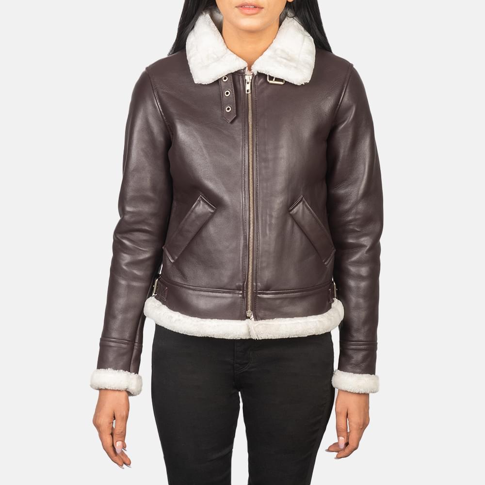 Women's+Sherilyn+B-3+Maroon+Leather+Bomber+Jacket+Close+Front-5-