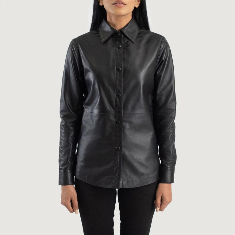 Women's+Zenith+Black+Leather+Shirt+Jacket+Close+Front-5-