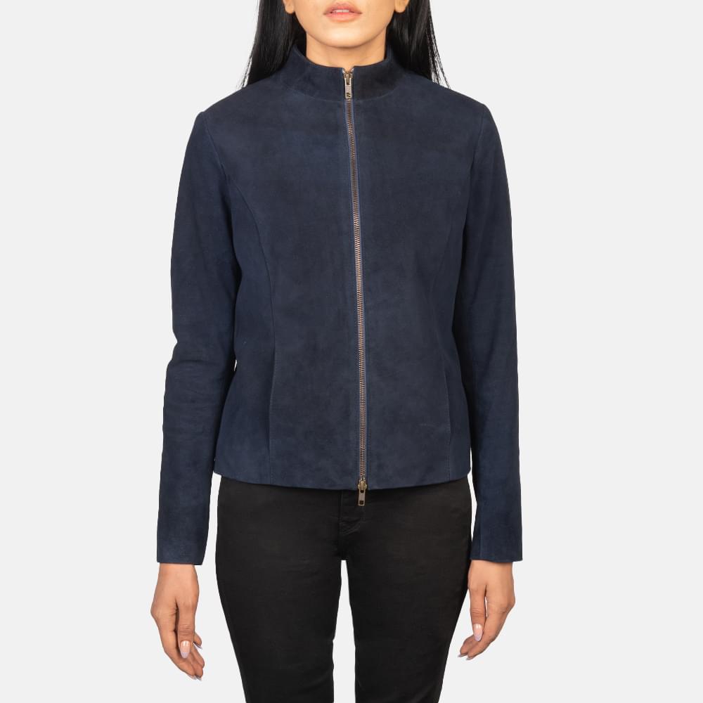 rumella blue suede real leather biker jacket